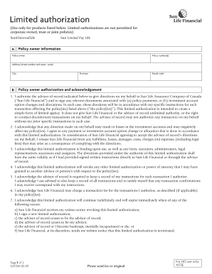 Sun Life Limited Authorization Form