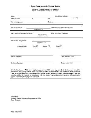 Texas Department of Criminal Justice Shift Assignment Form