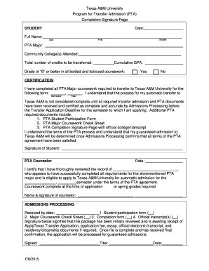 Texas A&M University PTA Completion Signature Page