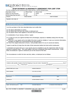Stop Payment & Indemnity Agreement for Lost Item