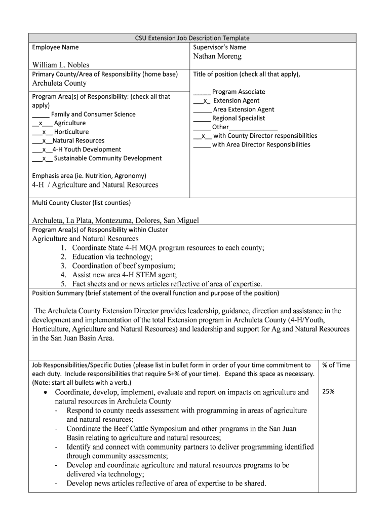 Fillable Online extension colostate Employee Name CSU Extension Job
