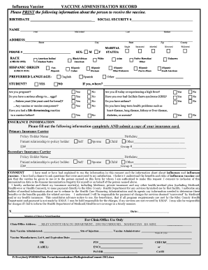 Influenza Vaccine Administration Record