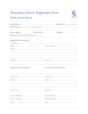 Computer course bill format - Shrewsbury School Registration Form Sixth Form Entry Family Name: - shrewsbury org