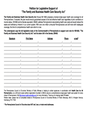 Petition for Legislative Support of The Family and Business Health Care Security Act