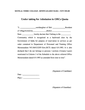 OBC Quota Admission Undertaking