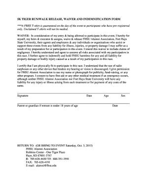 Fillable Online 5K TIGER RUNWALK RELEASE WAIVER AND INDEMNIFICATION ...