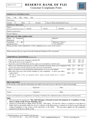 Reserve Bank of Fiji Customer Complaints Form