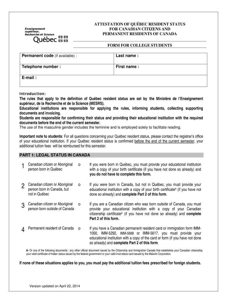 Fillable Online Attestation of Qubec Resident Status for Canadian
