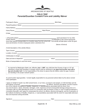 Field Trip Parental Consent Form and Liability Waiver
