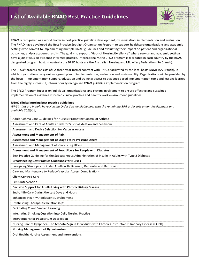 Fillable Online List of Available RNAO Best Practice Guidelines Fax