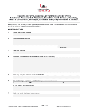 Combined Sports Leisure Entertainment Insurance Proposal Form