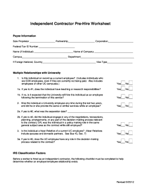 Independent Contractor Pre-Hire Worksheet