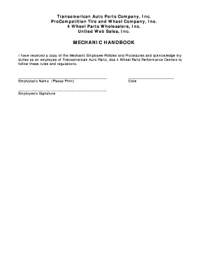 Mechanic Employee Handbook Acknowledgment Form