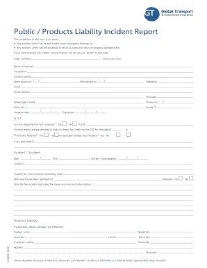 Products Liability Incident Report