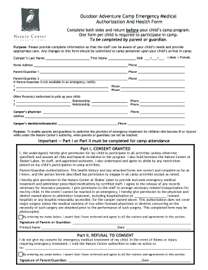 Outdoor Adventure Camp Emergency Medical Authorization Form