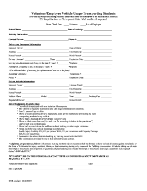 Volunteer/Employee Vehicle Usage Form