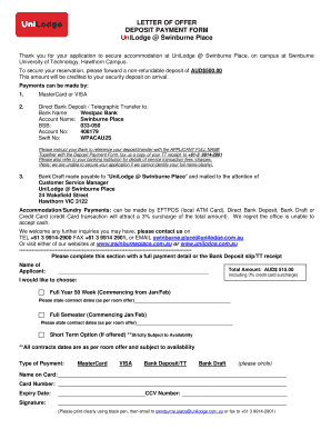 UniLodge Accommodation Deposit Payment Form