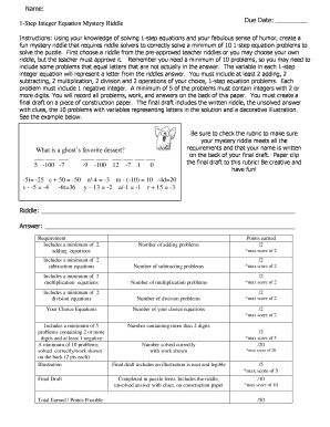 1-Step Integer Equation Mystery Riddle Assignment