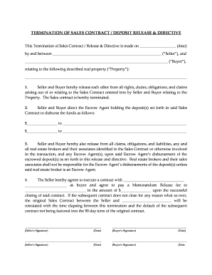 Printable simple sales agreement template - TERMINATION OF SALES CONTRACT DEPOSIT RELEASE DIRECTIVE