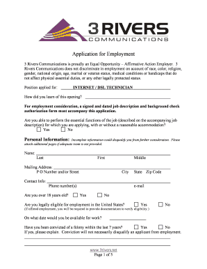 Employment Application for Internet DSL Technician