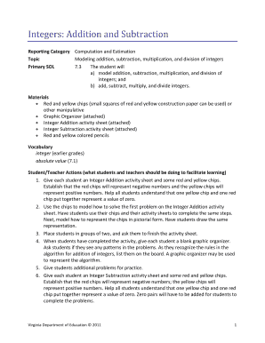 Integer Addition and Subtraction Activity Sheet