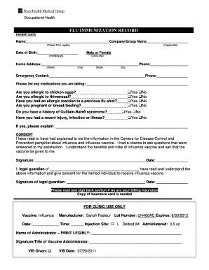 Flu Immunization Record Form