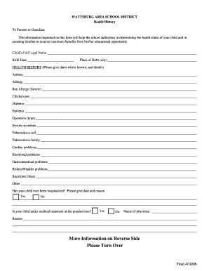 Wattburg Area School District Health History Form