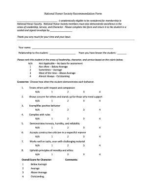 National Honor Society Recommendation Form
