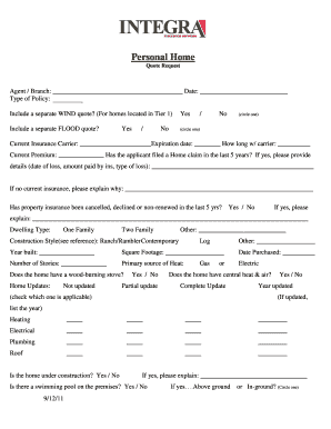 Personal Home Insurance Quote Request Form
