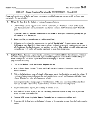 Course Selection Worksheet for Sophomores