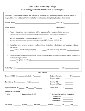 Glen Oaks Community College Spring/Summer Intent Form