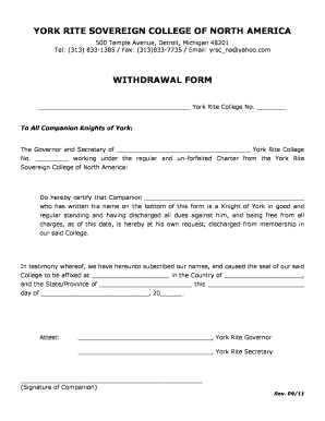 Fillable Online YORK RITE SOVEREIGN COLLEGE OF NORTH AMERICA WITHDRAWAL ...