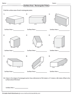 Rectangular Prism Surface Area Worksheet