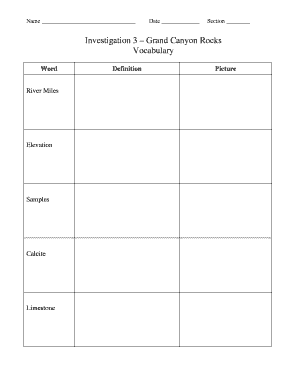 Grand Canyon Rocks Vocabulary Worksheet