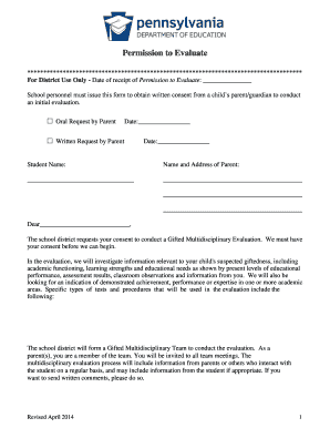 Permission to Evaluate Gifted Multidisciplinary Evaluation