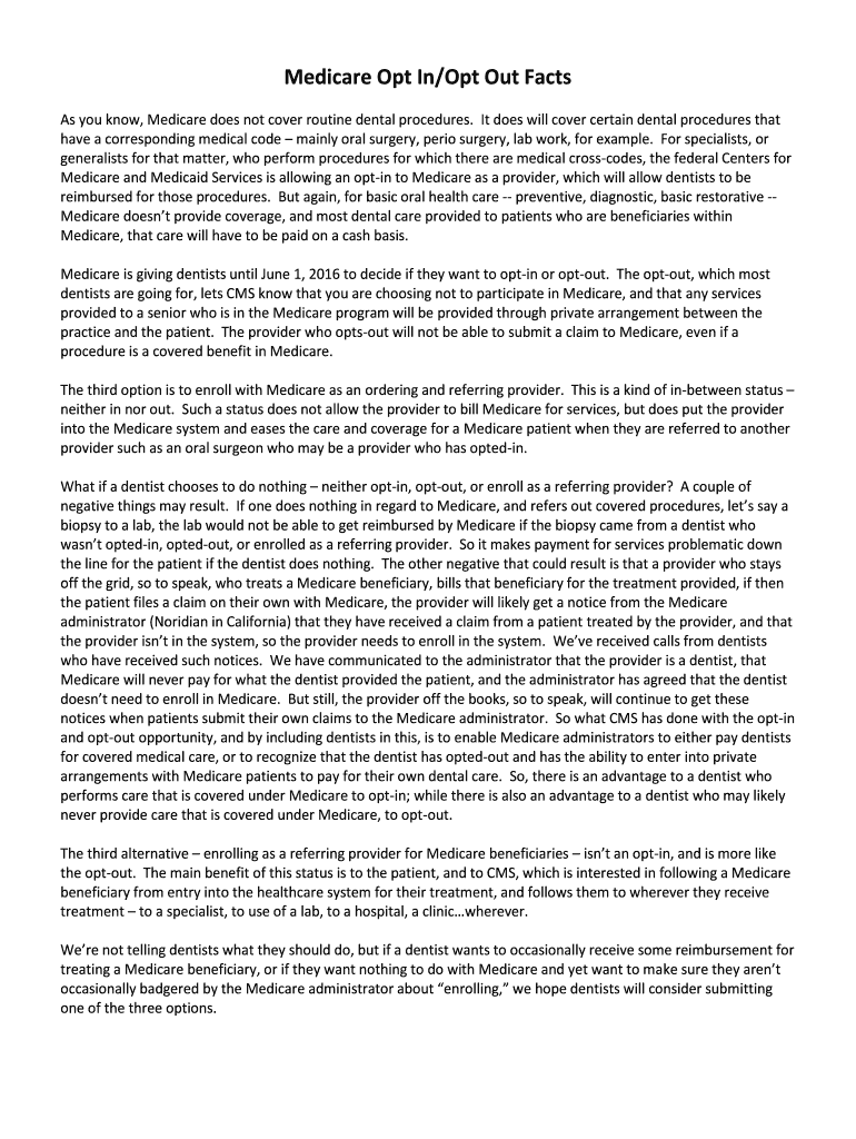 Fillable Online stanislausdental Medicare Opt InOpt Out Facts