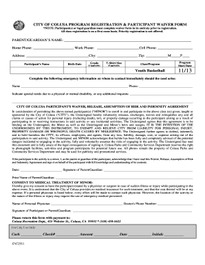 City of Colusa Program Registration and Waiver Form