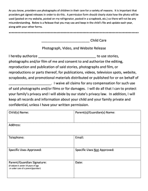 Child Care Photograph and Video Release Form
