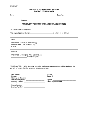 Amendment to Bankruptcy Petition