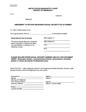 Amendment to Bankruptcy Petition for Social Security/Tax ID