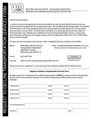 Request to Decline Transportation Services Form