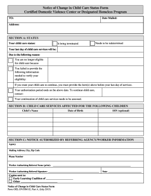 Notice of Change in Child Care Status Form