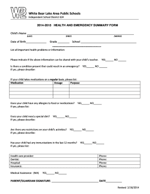 Health and Emergency Summary Form