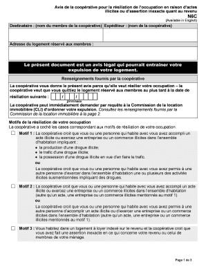 Avis de la coopérative pour la résiliation de l’occupation en raison d’actes illicites ou d’assertion inexacte quant au revenu
