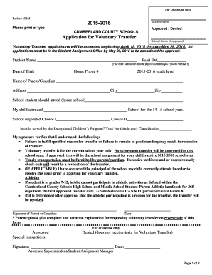 Cumberland County Schools Voluntary Transfer Application