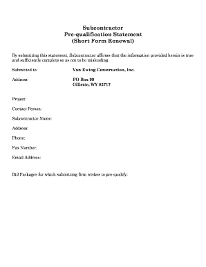 Subcontractor Pre-Qualification Statement