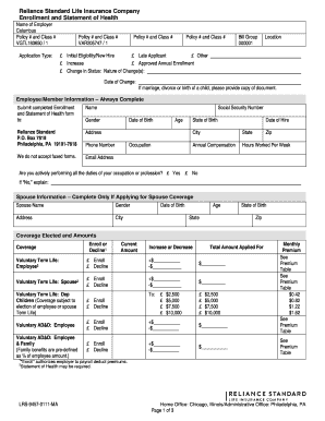 Reliance Standard Life Insurance Enrollment Form
