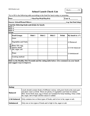 School Lunch Checklist Form