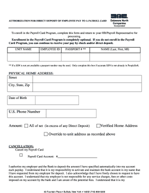 Authorization for Direct Deposit to Payroll Card