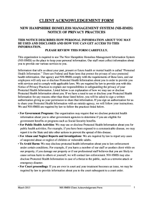 New Hampshire Homeless Management System Client Acknowledgement Form